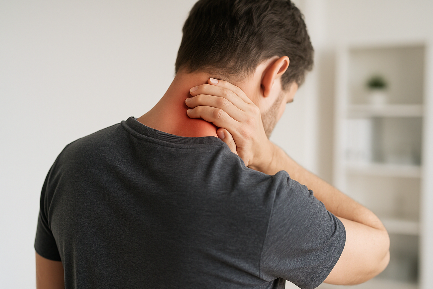 human with neck pain touching neck from behind